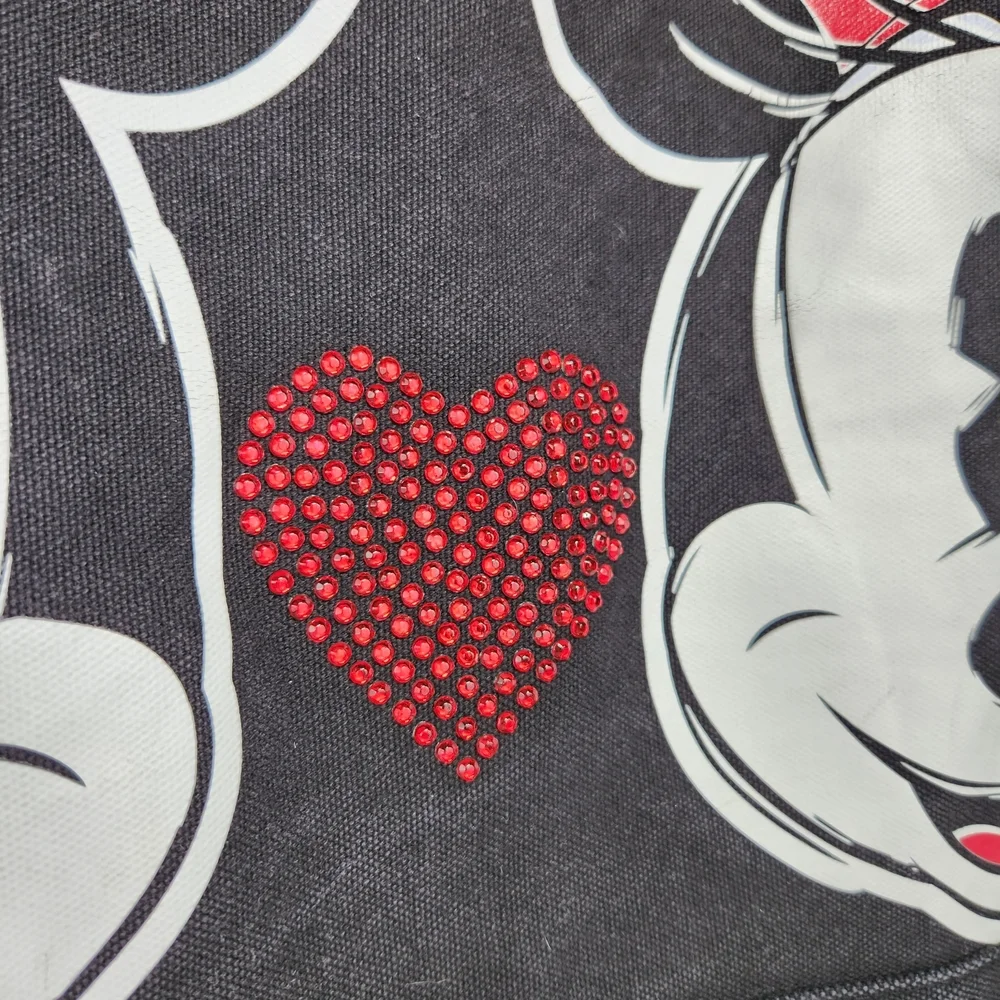 Disney Mickey & Minnie Mouse Tote Bag Black Denim Rhinestone Heart Shoulder Bag